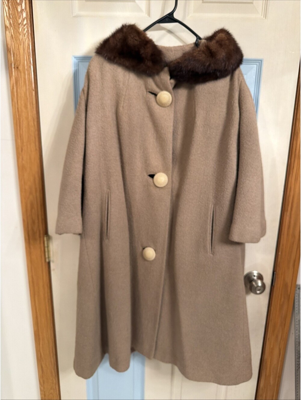 Vintage 50s 60s Tweed Wool Beaver Fur Collar Swing Coat XL Tan Silk Lined Retro - Picture 2 of 12
